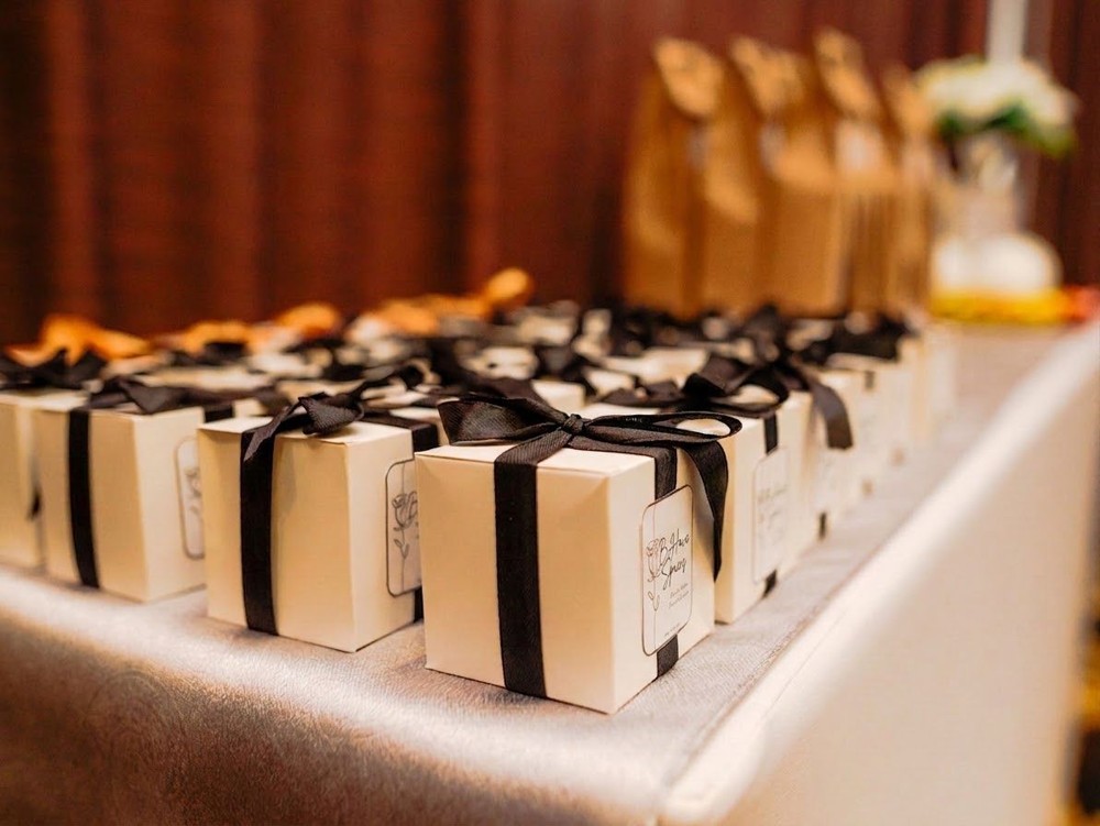 Ribbon-wrapped gift boxes