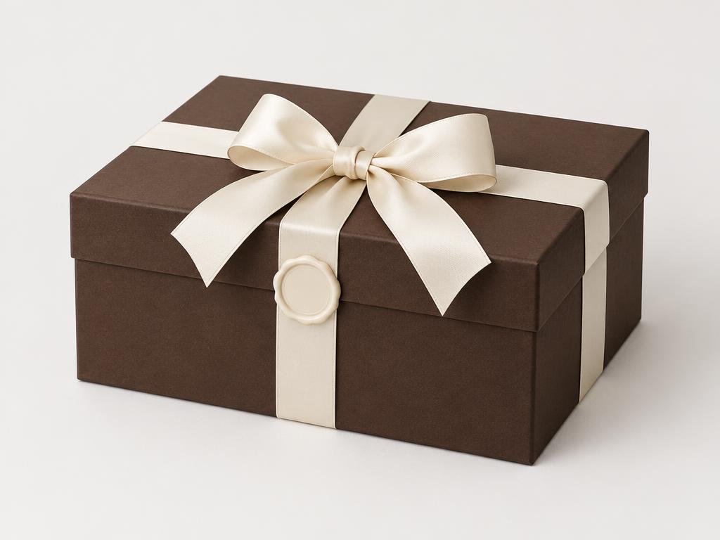Brown box with cream ribbon and seal