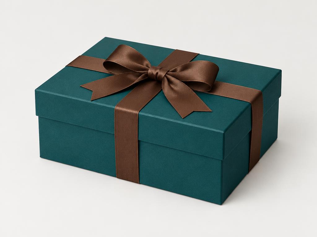 Teal box with brown ribbon