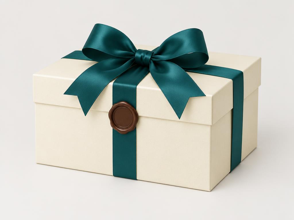 Cream box with teal bow and brown seal
